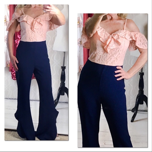 *CLEARANCE* Peach Lace Navy Ruffle Flares Jumpsuit - Picture 3 of 8